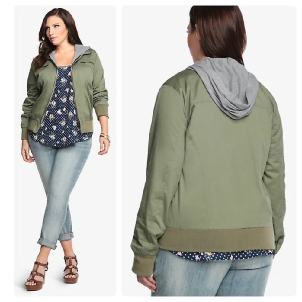 Torrid Hooded Bomber Jacket Army Green Gray Hood Size 2X